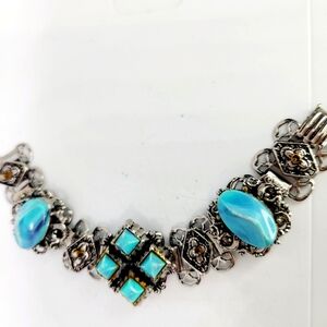Wide Faux Turquoise Thermoset Bracelet Ornate Silver Tone 6.5" Vintage Jewelry